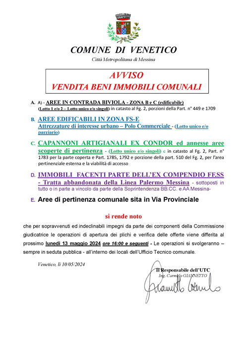 AVVISO VENDITA BENI IMMOBILI COMUNALI - Differimento seduta apertura offerte