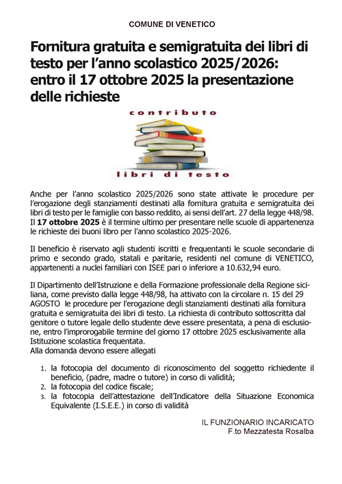 Fornitura gratuita e semigratuita dei libri di testo per l’anno scolastico 2025/2026: entro il 17 ottobre 2025 la presentazione delle richieste