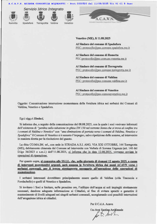 Consorzio ACAVN - Comunicazione interruzione momentanea della fornitura idrica nei serbatoi dei Comuni di Valdina, Venetico e Spadafora