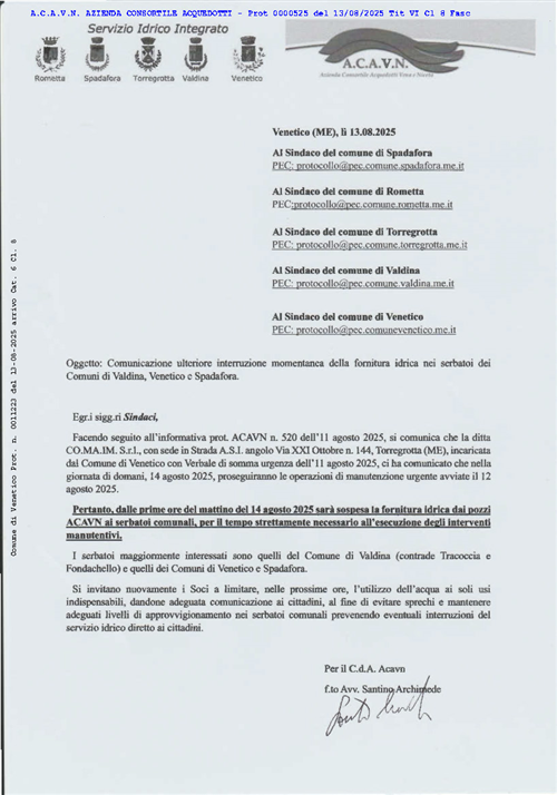 Comunicazione del CONSORZIO ACAVN relativa ad ulteriore interruzione momentanea in data 14/08/2025 della fornitura idrica nei serbatoi dei Comundi di Valdina, Venetico e Spadafora.
