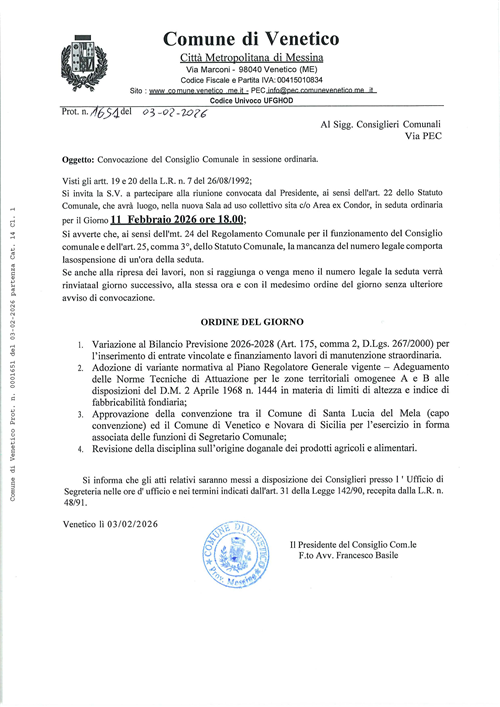 Convocazione Consiglio Comunale 11 Febbraio 2026