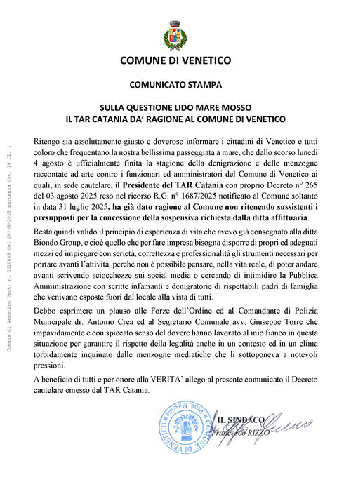 Comunicato Stampa - Sulla questione lido Mare Mosso il TAR Catania da’ ragione al Comune di Venetico
