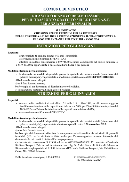 Rilascio o rinnovo delle tessere per il trasporto gratuito sulle linee A.S.T. per anziani e per invalidi